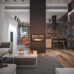 Foto de ambiente de la chimenea de bioetanol de Infire 2Side 900 tipo túnel