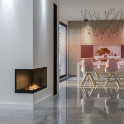 Foto de ambiente de la chimenea de bioetanol de Infire INSIDE 800 L Versión 2 (con aislamiento incorporado), a dos caras con apertura a la izquierda