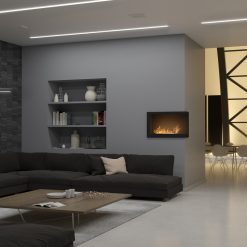 Foto de ambiente de la chimenea de bioetanol de Infire INSIDE 800 P Versión 1, a dos caras con apertura a la derecha