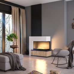 Foto de ambiente de la chimenea de bioetanol de Infire INSIDE 800 P Versión 2 (con aislamiento incorporado), a dos caras con apertura a la derecha