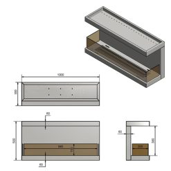 Medidas de la chimenea de bioetanol de Infire INSIDE C1000 vers.3, a tres caras