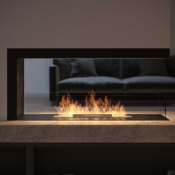 Foto de ambiente de la chimenea de bioetanol de Infire INSIDE U 1000 vers.1, a tres caras