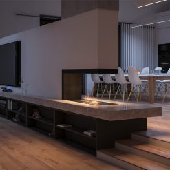 Foto de ambiente de la chimenea de bioetanol de Infire INSIDE U 1000 vers.1, a tres caras