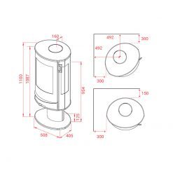 Esquemas de la estufa de leña Liva 7G de Lotus. Con cristales laterales