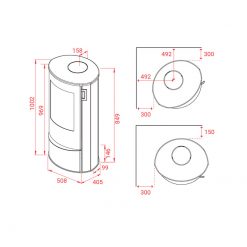 Esquemas de la estufa de leña Liva 5 de Lotus. Certificada Passivhaus