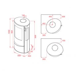 Esquemas de la estufa de leña Liva 5G de Lotus. Certificada Passivhaus