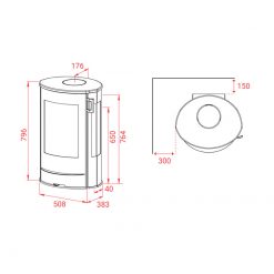 Esquema de estufa de leña de pared Liva 8G de Lotus.