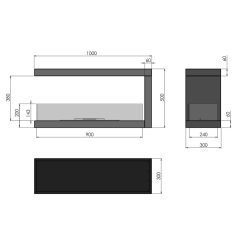 Medidas de la chimenea de bioetanol de Infire INSIDE U 1000 vers.1, a tres caras