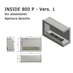 Medidas chimenea de bioetanol de Infire INSIDE 800 P Versión 1, a dos caras con apertura a la derecha