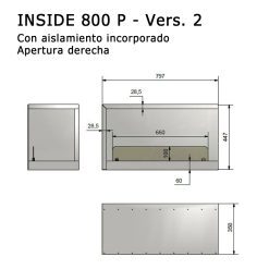 Medidas de la chimenea de bioetanol de Infire INSIDE 800 P Versión 2 (con aislamiento incorporado), a dos caras con apertura a la derecha