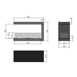 Medidas de la chimenea de bioetanol de Infire INSIDE U 800, a tres caras