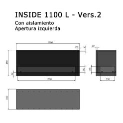 Medidas de la chimenea de bioetanol de Infire INSIDE 1100 L Versión 2, a dos caras con apertura a la Izquierda
