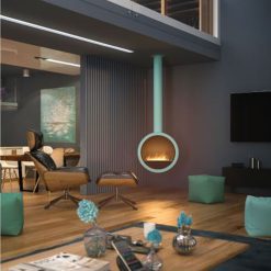 Foto de ambiente de la chimenea exenta de bioetanol de Infire INCYRCLE, color azul