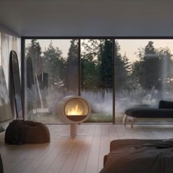 Foto de ambiente de la estufa exenta de bioetanol de Infire INCYRCLE STAND, color blanco