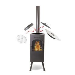 Chimenea de exterior BonCarre negra de Bonfeu. Ejemplo de intercambio de accesorios