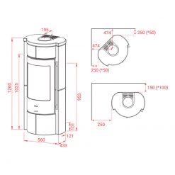 Esquemas de la estufa de inercia de leña Prestige Basic M de Lotus forrada en piedra esteatita. Certificada para Passivhaus