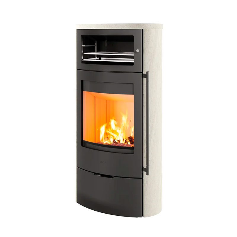 Estufa de leña con horno Jubilee 35 S de Lotus forrada en piedra Limestone
