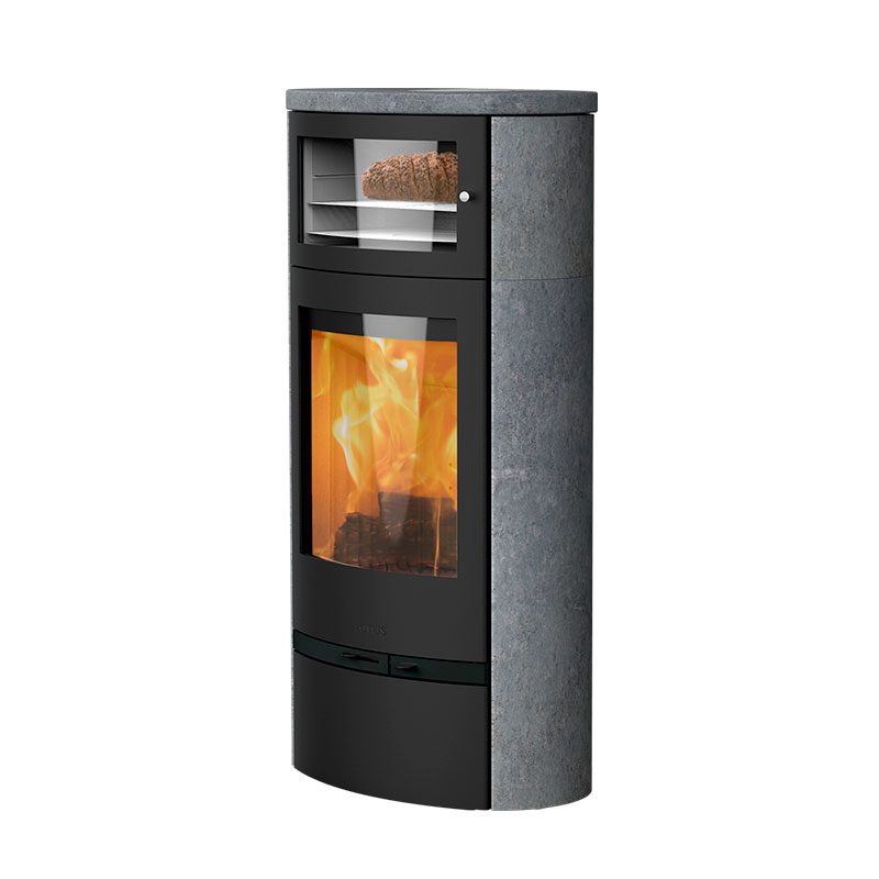 Estufa de leña con horno Jubilee 35 S de Lotus forrada en piedra esteatita