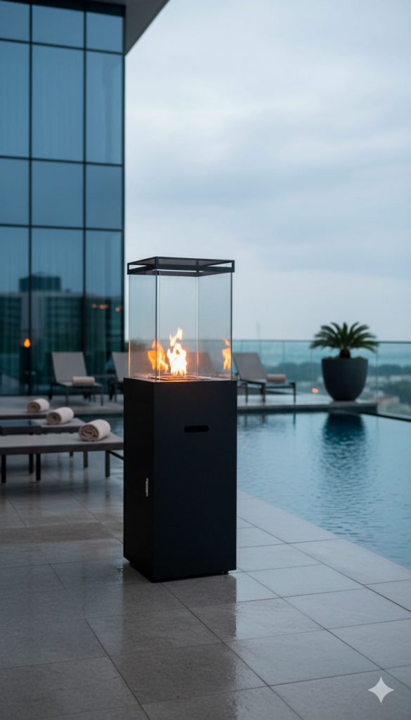 estufa de gas para terrazas de hotel Babel de Nora Flames